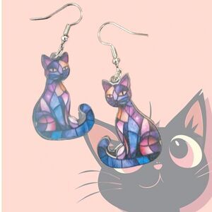 Stained Glass Acrylic CAT Dangle Earrings Cats Kitty Fun Blue Purple